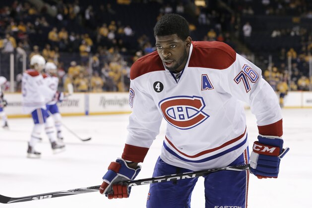 Montreal Canadiens defenseman P.K. Subban warms up before an NHL hockey game against the Nashville Predators Tuesday, March 24, 2015, in Nashville, Tenn. (AP Photo/Mark Humphrey)