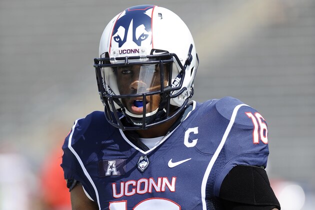 Connecticut cornerback Byron Jones (16) is seen during warmups before an NCAA college football game at Rentschler Field, Saturday, Sept. 6, 2014, in East Hartford, Conn. (AP Photo/Jessica Hill)