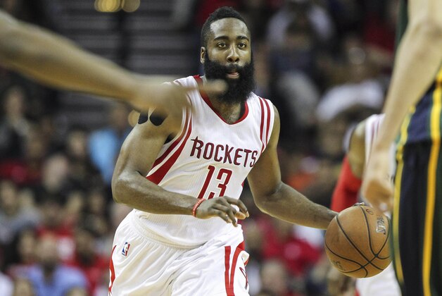 Apr 15, 2015; Houston, TX, USA; Houston Rockets guard James Harden (13) brings the ball up the court during the second half against the Utah Jazz at Toyota Center. Mandatory Credit: Troy Taormina-USA TODAY Sports