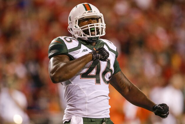 Miami tight end Clive Walford (46) celebrates a touchdown against Nebraska in the first half of an NCAA college football game in Lincoln, Neb., Saturday, Sept. 20, 2014. (AP Photo/Nati Harnik)