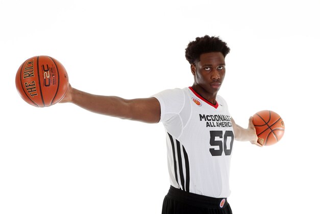 Mar 28, 2015; Chicago, IL, USA; McDonalds High School All American athlete Caleb Swanigan (50) poses for pictures during portrait day at the Westin Hotel. Mandatory Credit: Brian Spurlock-USA TODAY Sports