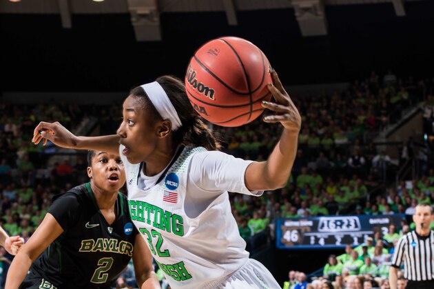Mar 31, 2014; Notre Dame, IN, USA; Notre Dame Fighting Irish guard Jewel Loyd (32) drives to the basket as Baylor Bears guard Niya Johnson (2) defends in the second half in the finals of the Notre Dame regional in the 2014 NCAA Tournament at the Purcell Pavilion. Mandatory Credit: Matt Cashore-USA TODAY Sports