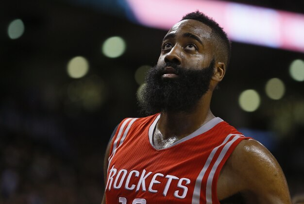 Mar 30, 2015; Toronto, Ontario, CAN; Houston Rockets guard James Harden (13) reacts during a break in the action against the Toronto Raptors at the Air Canada Centre. Toronto defeated Houston 99-96. Mandatory Credit: John E. Sokolowski-USA TODAY Sports
