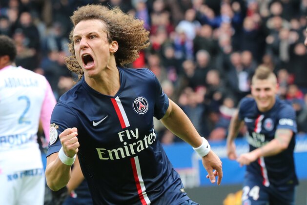 Paris Saint Germain's  Brazilian David Luiz  reacts after scoring during their League One soccer match between Paris Saint Germain and Evian Thonon at Parc des Princes stadium, in Paris, Sunday, Jan. 18, 2015. (AP Photo/Jacques Brinon)