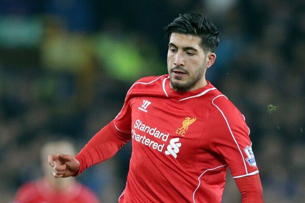 Liverpool's Emre Can during their English Premier League soccer match against Everton at Goodison Park in Liverpool, England, Saturday Feb. 7, 2015. (AP Photo/Clint Hughes)