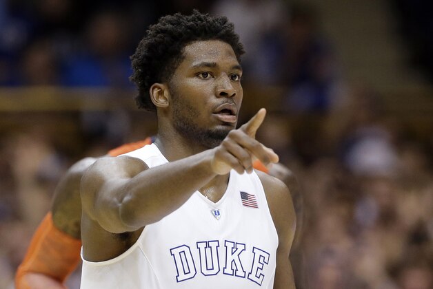 Duke's Justise Winslow reacts following a basket against Syracuse during the second half of an NCAA college basketball game in Durham, N.C., Saturday, Feb. 28, 2015. Duke won 73-54. (AP Photo/Gerry Broome)