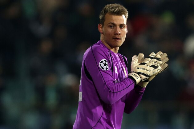 Liverpool's goalkeeper Simon Mignolet reacts during the Champions League Group B soccer match between Ludogorets and Liverpool at Vassil Levski stadium in Sofia, Bulgaria, Wednesday, Nov. 26, 2014. (AP Photo/Darko Vojinovic)
