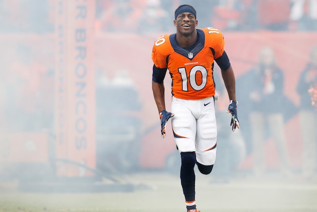 Jan 11, 2015; Denver, CO, USA; Denver Broncos wide receiver Emmanuel Sanders (10) in the 2014 AFC Divisional playoff football game against the Indianapolis Colts at Sports Authority Field at Mile High. Mandatory Credit: Chris Humphreys-USA TODAY Sports