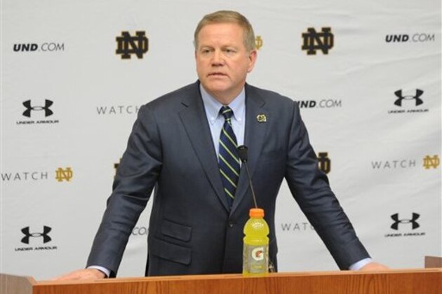 Notr Dame football coach Brian Kelly talks to the media about his 2015 recruiting class in South Bend, Ind. Wednesday Feb. 4, 2015. (AP Photo/Joe Raymond)