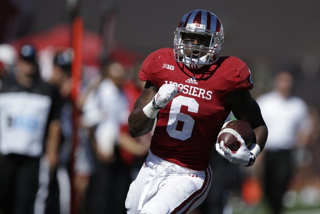Indiana running back Tevin Coleman (6) runs during the first half of an NCAA college football game against Maryland Saturday, Sept. 27, 2014, in Bloomington, Ind. (AP Photo/Darron Cummings)