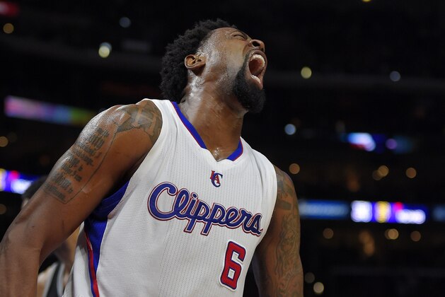 Los Angeles Clippers center DeAndre Jordan during the second half of an NBA basketball game against the San Antonio Spurs, Thursday, Feb. 19, 2015, in Los Angeles. The Clippers won 119-115. (AP Photo/Mark J. Terrill)