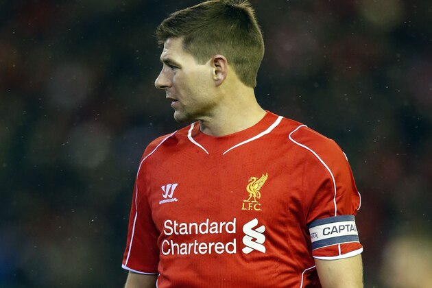 Liverpool's Steven Gerrard is seen during the English League Cup semi-final first leg soccer match between Liverpool and Chelsea at Anfield Stadium, Liverpool, England, Tuesday Jan. 20, 2015. (AP Photo/Jon Super)