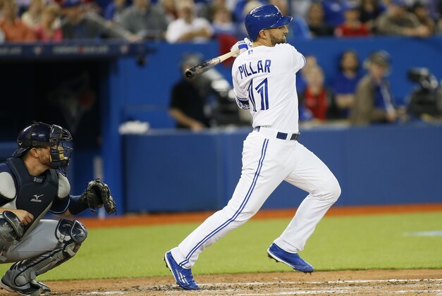 Apr 14, 2015; Toronto, Ontario, CAN; Toronto Blue Jays left fielder Kevin Pillar (11) hits a rbi single in the fourth inning against the Tampa Bay Rays at the Rogers Centre. Mandatory Credit: John E. Sokolowski-USA TODAY Sports