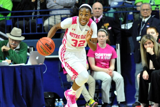 Notre Dame guard Jewell Loyd (32) heads up court in an NCAA college basketball game Monday, Feb. 23, 2015, in South Bend, Ind. Notre Dame won 68-52. (AP Photo/Joe Raymond)