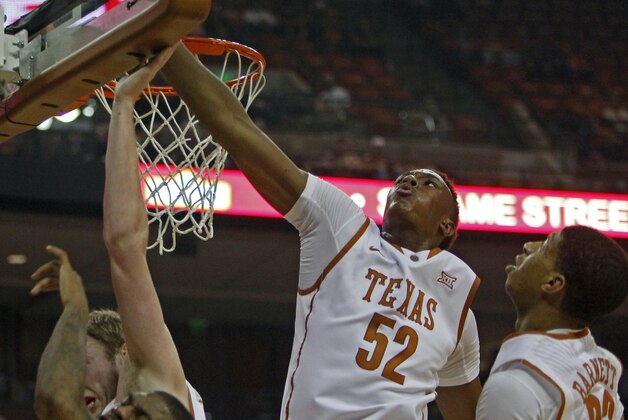 Texas forward Myles Turner (52) during an NCAA college basketball game against Saint Francis, Tuesday, Nov. 25, 2014, in Austin, Texas. (AP Photo/Michael Thomas)