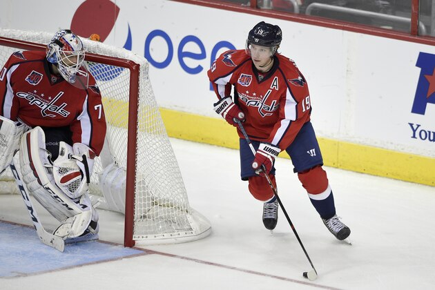 Washington Capitals center Nicklas Backstrom (19), of Sweden, skates with the puck next to goalie Braden Holtby (70) during the third period of an NHL hockey game against the Boston Bruins, Wednesday, April 8, 2015, in Washington. The Capitals won 3-0. (AP Photo/Nick Wass) Washington Capitals center Nicklas Backstrom (19), of Sweden, skates with the puck next to goalie Braden Holtby (70) during the third period of an NHL hockey game against the Boston Bruins, Wednesday, April 8, 2015, in Washington. The Capitals won 3-0. (AP Photo/Nick Wass)