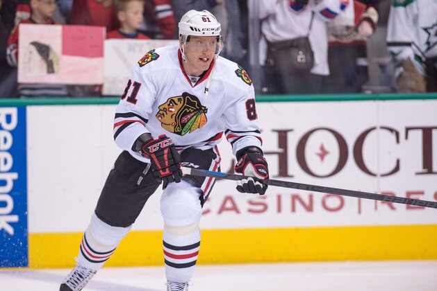 Mar 21, 2015; Dallas, TX, USA; Chicago Blackhawks right wing Marian Hossa (81) skates in warm-ups prior to the game against the Dallas Stars at the American Airlines Center. The Stars shut out the Blackhawks 4-0. Mandatory Credit: Jerome Miron-USA TODAY Sports