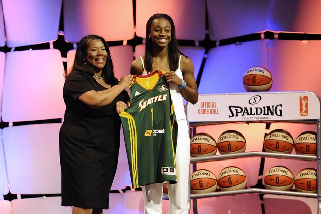 Notre Dame's Jewell Loyd, right, holds up a Seattle Storm jersey with WNBA president Laurel J. Richie after the Storm selected Loyd as the No. 1 pick in the WNBA basketball draft, Thursday, April 16, 2015, in Uncasville, Conn. (AP Photo/Jessica Hill) Notre Dame's Jewell Loyd, right, holds up a Seattle Storm jersey with WNBA president Laurel J. Richie after the Storm selected Loyd as the No. 1 pick in the WNBA basketball draft, Thursday, April 16, 2015, in Uncasville, Conn. (AP Photo/Jessica Hill)