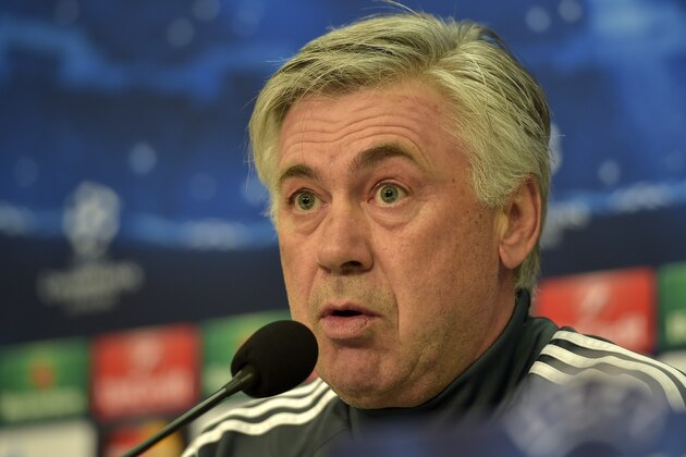 Real Madrid's head coach Carlo Ancelotti talks to the media during a press conference prior the Champions League round of 16 first leg soccer match between FC Schalke 04 and Real Madrid in Gelsenkirchen, Germany, Tuesday, Feb. 17, 2015. (AP Photo/Martin Meissner)