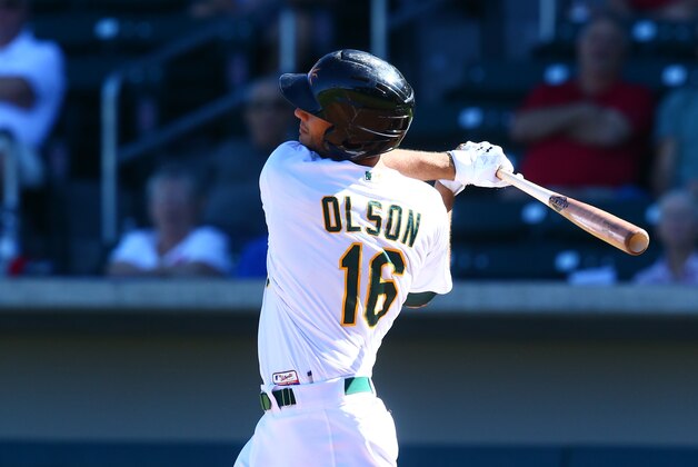 Oct. 14, 2014; Mesa, AZ, USA; Oakland Athletics outfielder Matt Olson plays for the Mesa Solar Sox during an Arizona Fall League game against the Scottsdale Scorpions at Salt River Field. Mandatory Credit: Mark J. Rebilas-USA TODAY Sports