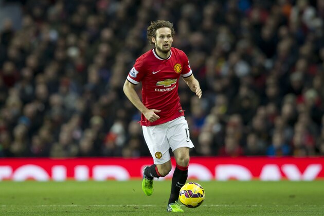 Manchester United's Daley Blind during the English Premier League soccer match between Manchester United and Southampton at Old Trafford Stadium, Manchester, England, Sunday Jan. 11, 2015. (AP Photo/Jon Super)