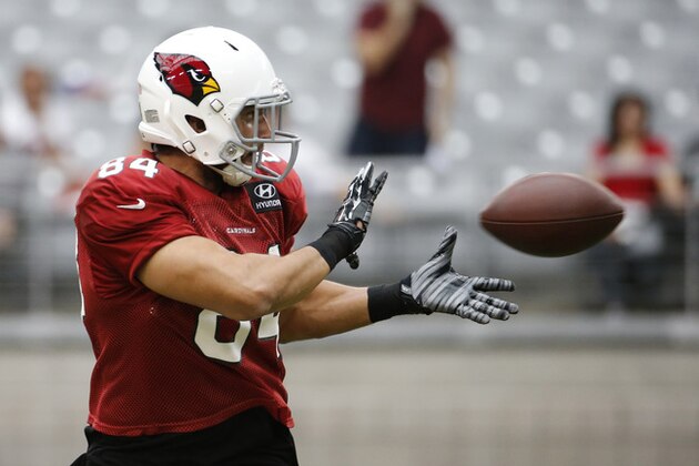 Arizona Cardinals' Rob Housler makes a catch during football camp practice, Monday, Aug. 18, 2014, in Glendale, Ariz. (AP Photo/Matt York)