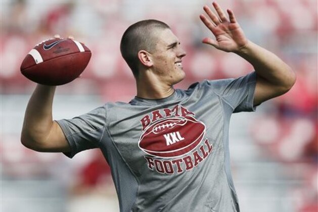 Alabama quarterback Jake Coker (14) warms up before an NCAA college football game against Southern Mississippi on Saturday, Sept. 13, 2014, in Tuscaloosa, Ala. (AP Photo/Brynn Anderson)