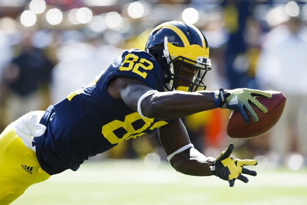Sep 13, 2014; Ann Arbor, MI, USA; Michigan Wolverines wide receiver Amara Darboh (82) dives score a touchdown in the first quarter against the Miami (Oh) Redhawks at Michigan Stadium. Mandatory Credit: Rick Osentoski-USA TODAY Sports