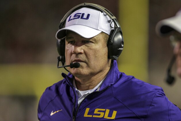 Nov 27, 2014; College Station, TX, USA; LSU Tigers head coach Les Miles on the sideline during the second quarter against the Texas A&M Aggies at Kyle Field. Mandatory Credit: Troy Taormina-USA TODAY Sports