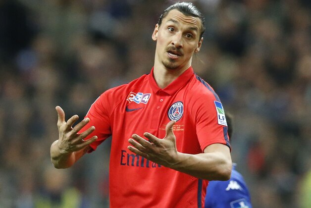 Paris Saint Germain's  Zlatan Ibrahimovic, reacts after his team missed a goal-scoring opportunity during a League Cup final soccer match Bastia against Paris Saint Germain at Stade de France stadium in Saint Denis, outside Paris, France, Saturday, April 11, 2015. Paris Saint Germain won 4-0. (AP Photo/Michel Euler)
