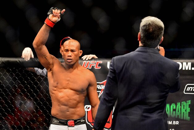 Feb 15, 2014; Jaragua do Sul, SC, Brazil; Ronaldo Souza (red gloves) before his fight against Francis Carmont (blue gloves) during UFC Fight Night Machida vs Mousasi at Arena Jaragua. Mandatory Credit: Jason Silva-USA TODAY Sports