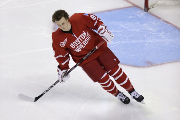 Boston University forward Jack Eichel warms up before the first period of the college hockey Beanpot Tournament in Boston, Monday, Feb. 23, 2015.  (AP Photo/Charles Krupa)