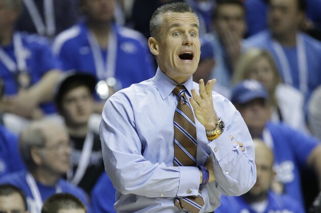 Florida head coach Billy Donovan speaks during the first half of an NCAA college basketball game in the quarter final round of the Southeastern Conference tournament between Kentucky and Florida, Friday, March 13, 2015, in Nashville, Tenn. (AP Photo/Mark Humphrey)