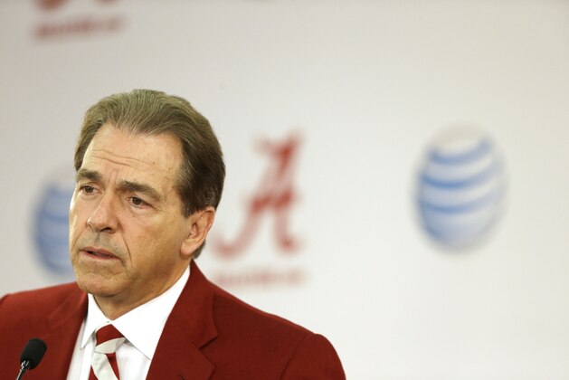 Alabama head coach Nick Saban speaks to the media during an NCAA college football national signing day press conference, Wednesday, Feb. 4, 2015, in Tuscaloosa, Ala.(AP Photo/Brynn Anderson)
