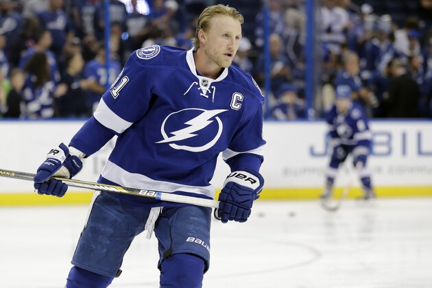 Tampa Bay Lightning center Steven Stamkos (91) before an NHL hockey game against the New Jersey Devils Thursday, April 9, 2015, in Tampa, Fla. (AP Photo/Chris O'Meara)