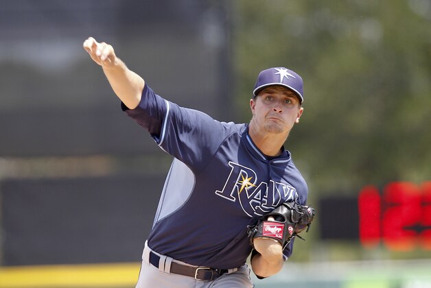 Apr 3, 2015; Lakeland, FL, USA; Tampa Bay Rays starting pitcher Jake Odorizzi (23) throws a pitch before the first inning of a spring training baseball game against the Detroit Tigers at Joker Marchant Stadium. Mandatory Credit: Reinhold Matay-USA TODAY Sports