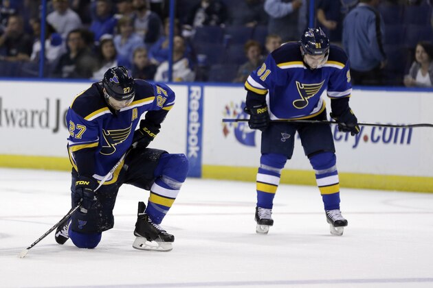St. Louis Blues' Alex Pietrangelo, left, and Vladimir Tarasenko, of Russia, pause after an empty-net goal by Minnesota Wild's Jason Pominville during the third period in Game 1 of an NHL hockey first-round playoff series, Thursday, April 16, 2015, in St. Louis. The Wild won 4-2. (AP Photo/Jeff Roberson)