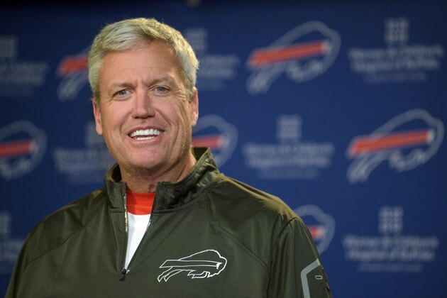 Buffalo Bills NFL football head coach Rex Ryan reacts to a question about the talent of the Buffalo Bills following his teams' voluntary offseason conditioning session Monday, April 6, 2015, in Orchard Park, N.Y. (AP Photo/Gary Wiepert)