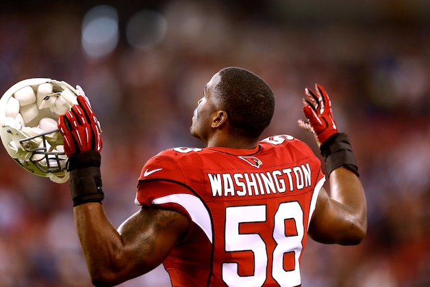 Nov 24, 2013; Phoenix, AZ, USA; Arizona Cardinals linebacker Daryl Washington reacts against the Indianapolis Colts at University of Phoenix Stadium. Mandatory Credit: Mark J. Rebilas-USA TODAY Sports