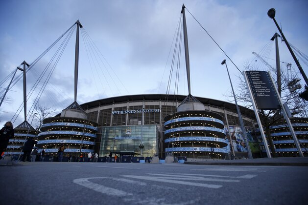 A view of Etihad Stadium before the Champions League Round of 16 soccer match between Manchester City and Barcelona in Manchester, England, Tuesday, Feb. 24, 2015. (AP Photo/Jon Super)
