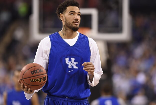 Apr 3, 2015; Indianapolis, IN, USA; Kentucky Wildcats forward Willie Cauley-Stein during practice for the 2015 NCAA Men's Division I Championship semi-final game at Lucas Oil Stadium. Mandatory Credit: Bob Donnan-USA TODAY Sports