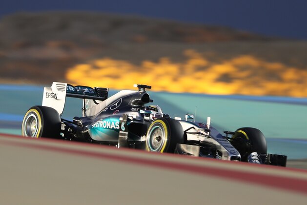 Mercedes driver Lewis Hamilton of Britain steers his car during the qualifying session ahead of the Bahrain Formula One Grand Prix at the Formula One Bahrain International Circuit in Sakhir, Bahrain, Saturday, April 18, 2015. The Bahrain Formula One Grand Prix will take place on Sunday. (AP Photo/Kamran Jebreili)