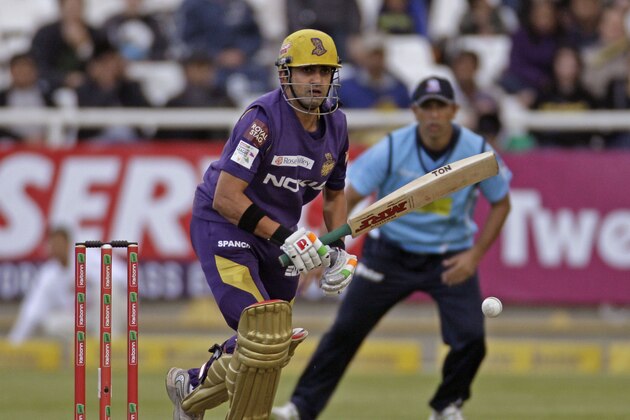 Kolkata Knight Gautam Gambhir plays a shot during the Champions League Twenty20 cricket game against Auckland Aces in Cape Town, South Africa, Monday, Oct 15, 2012. (AP Photo/Schalk van Zuydam)