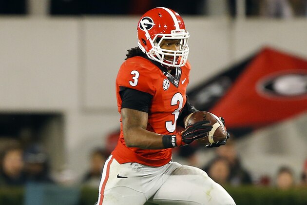 Georgia running back Todd Gurley (3) breaks into the open against Auburn in the second half of an NCAA college football game Saturday, Nov. 15, 2014, in Athens, Ga. (AP Photo/John Bazemore)