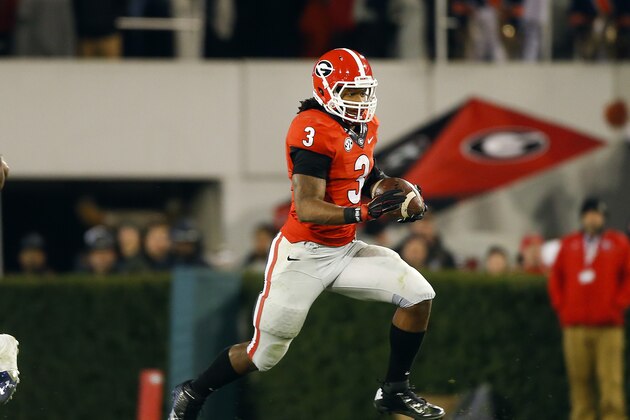 Georgia running back Todd Gurley (3) breaks into the open against Auburn in the second half of an NCAA college football game Saturday, Nov. 15, 2014, in Athens, Ga. (AP Photo/John Bazemore)