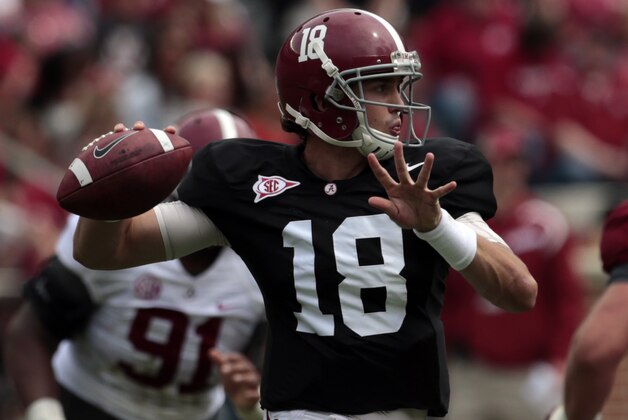 Alabama quarterback Cooper Bateman (18) throws a pass during the first half of Alabama's spring NCAA college football game, Saturday, April 18, 2015, in Tuscaloosa, Ala. (AP Photo/Butch Dill)