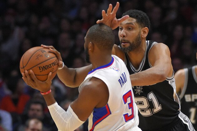San Antonio Spurs forward Tim Duncan, right, hits Los Angeles Clippers guard Chris Paul in the head as Paul passes the ball during the first half of an NBA basketball game Thursday, Feb. 19, 2015, in Los Angeles. (AP Photo/Mark J. Terrill)