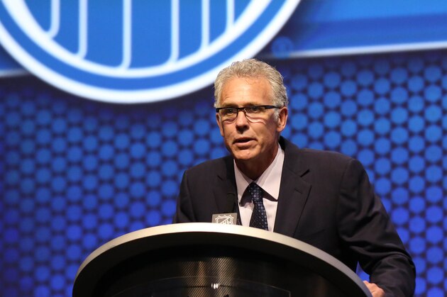 Jun 27, 2014; Philadelphia, PA, USA; Edmonton Oilers general manager Craig Mactavish announces Leon Draisaitl (not pictured) as the number three overall pick to the Edmonton Oilers in the first round of the 2014 NHL Draft at Wells Fargo Center. Mandatory Credit: Bill Streicher-USA TODAY Sports