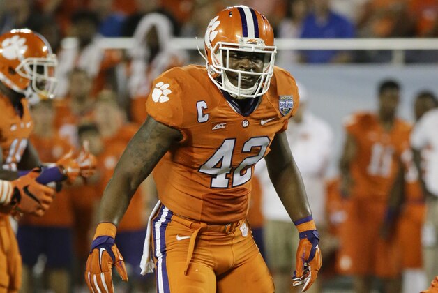 Clemson linebacker Stephone Anthony (42) moves against Oklahoma during the second half of the Russell Athletic Bowl NCAA college football game in Orlando, Fla., Monday, Dec. 29, 2014. Clemson won 40-6. (AP Photo/John Raoux)