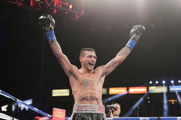 Lucas Matthysse, of Argentina, celebrates his 11th-round knockout victory against John Molina Jr. in a 140-pound boxing match on Saturday, April 26, 2014, in Carson, Calif. (AP Photo/Jae C. Hong)